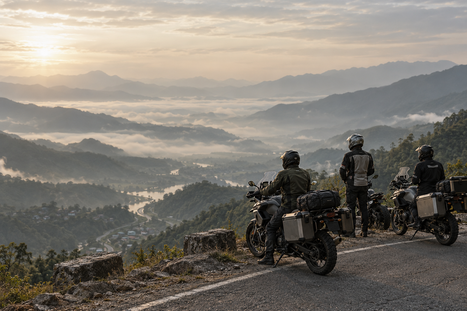 Three touring motorcyclists beside their bikes on a quiet mountain overlook